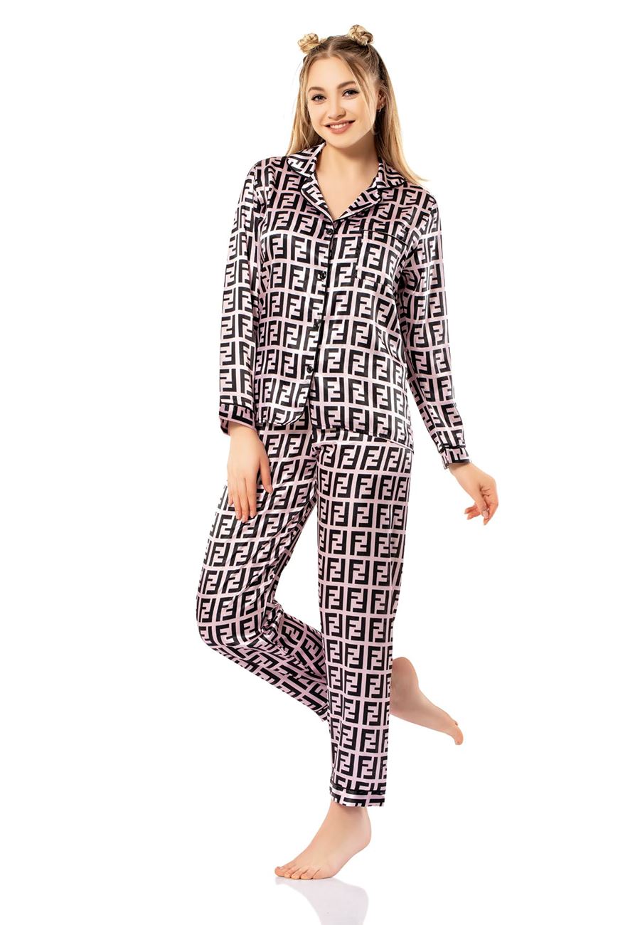 Vip Madame Kadın Uzun Kollu Desenli Saten Pijama Takım