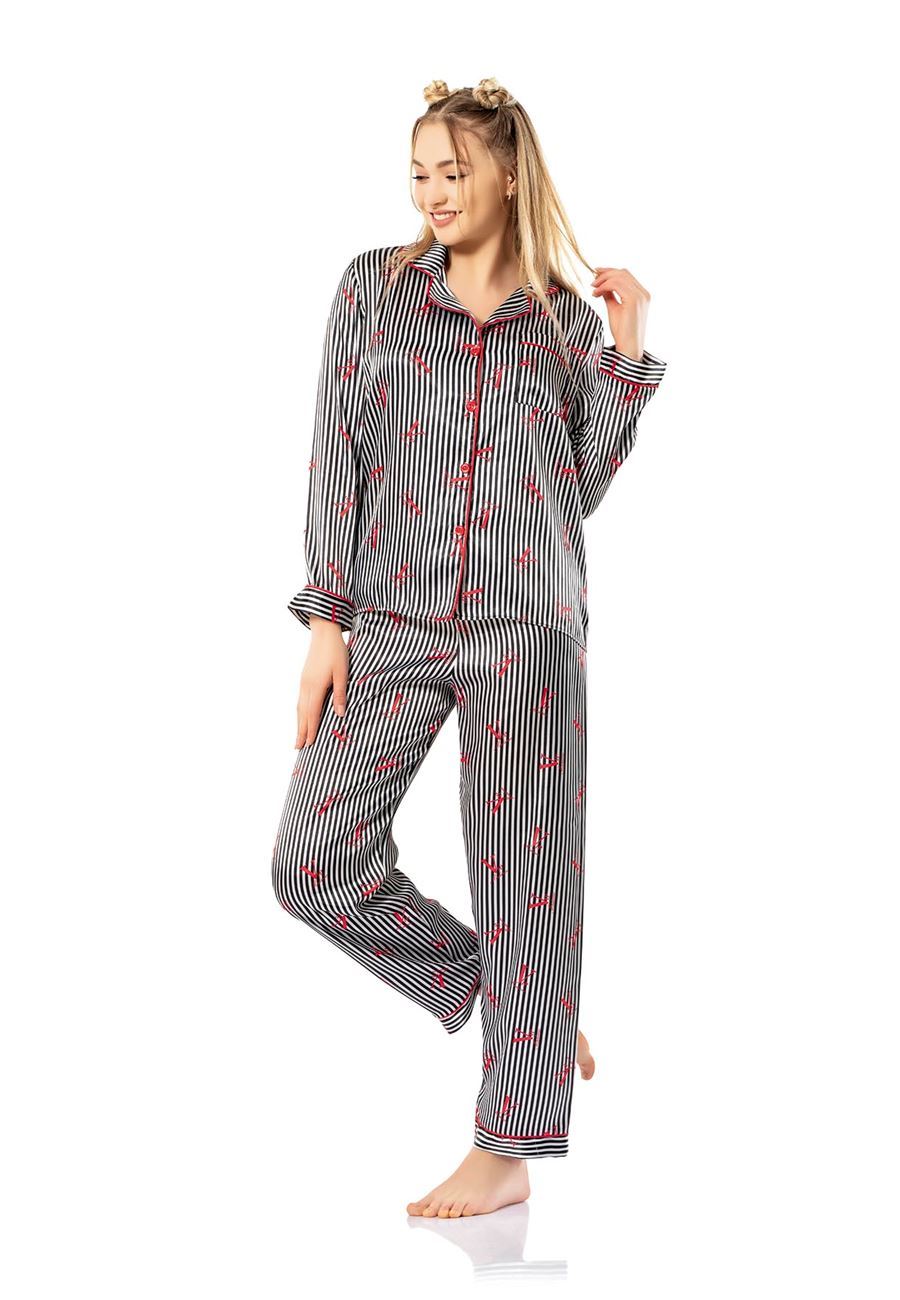 Vip Madame Kadın Uzun Kollu Desenli Saten Pijama Takım