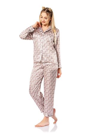 Vip Madame Kadın Uzun Kollu Desenli Saten Pijama Takım