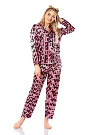 Vip Madame Kadın Uzun Kollu Desenli Saten Pijama Takım