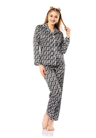 Vip Madame Kadın Uzun Kollu Desenli Saten Pijama Takım