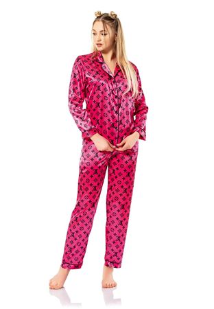 Vip Madame Kadın Uzun Kollu Desenli Saten Pijama Takım
