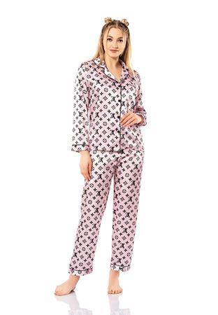 Vip Madame Kadın Uzun Kollu Desenli Saten Pijama Takım