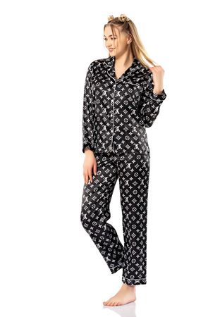 Vip Madame Kadın Uzun Kollu Desenli Saten Pijama Takım