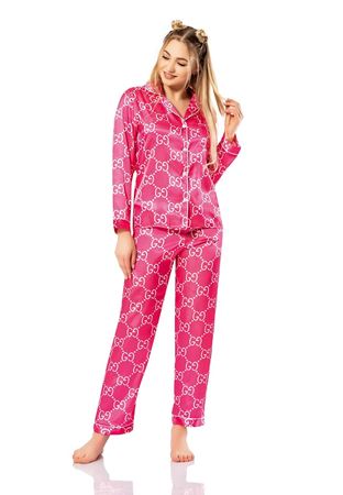 Vip Madame Kadın Uzun Kollu Desenli Saten Pijama Takım