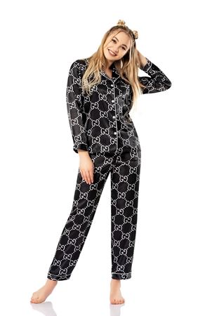 Vip Madame Kadın Uzun Kollu Desenli Saten Pijama Takım