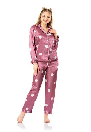 Vip Madame Kadın Uzun Kollu Desenli Saten Pijama Takım