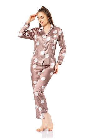 Vip Madame Kadın Uzun Kollu Desenli Saten Pijama Takım