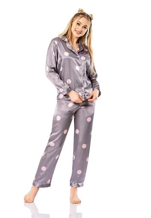 Vip Madame Kadın Uzun Kollu Desenli Saten Pijama Takım