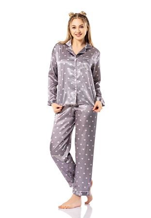 Vip Madame Kadın Uzun Kollu Desenli Saten Pijama Takım