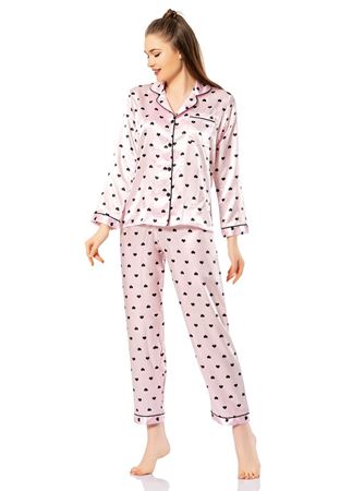 Vip Madame Kadın Uzun Kollu Desenli Saten Pijama Takım