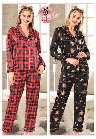Vip Madame Kadın Uzun Kollu Desenli Saten Pijama Takım