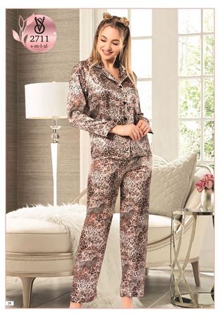 Vip Madame Kadın Uzun Kollu Desenli Saten Pijama Takım