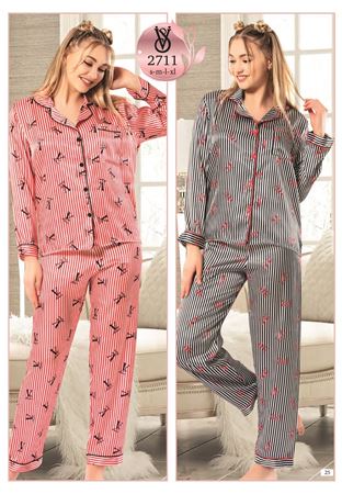 Vip Madame Kadın Uzun Kollu Desenli Saten Pijama Takım