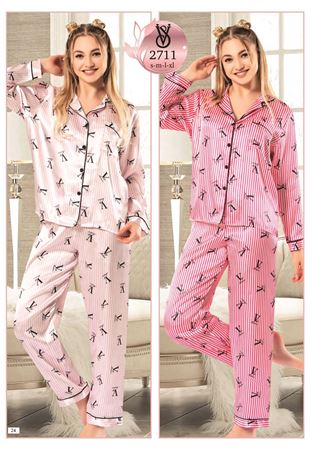 Vip Madame Kadın Uzun Kollu Desenli Saten Pijama Takım